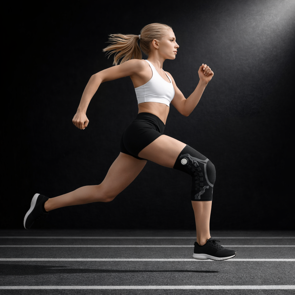 Athlete running with FlexLock knee sleeve
